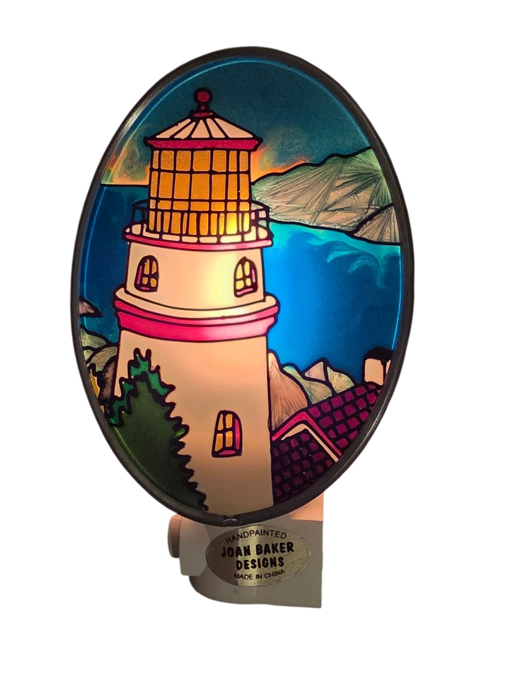 VTG Joan Baker Designs Hand Painted Stained Glass Nightlight Lighthouse Nautical